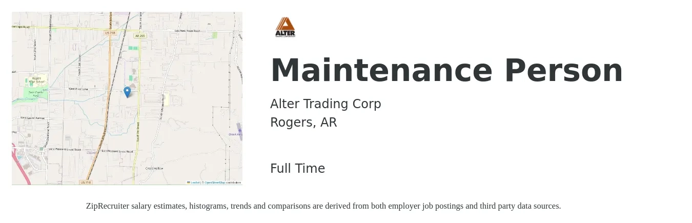 Alter Trading Corp job posting for a Maintenance Person in Rogers, AR with a salary of $15 to $20 Hourly with a map of Rogers location.