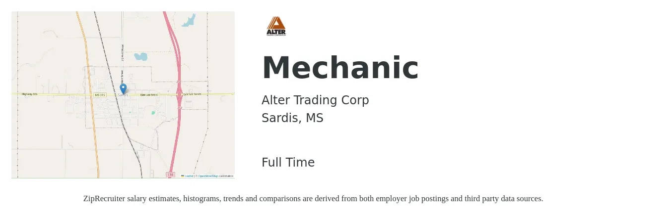 Alter Trading Corp job posting for a Mechanic in Sardis, MS with a salary of $17 to $25 Hourly with a map of Sardis location.