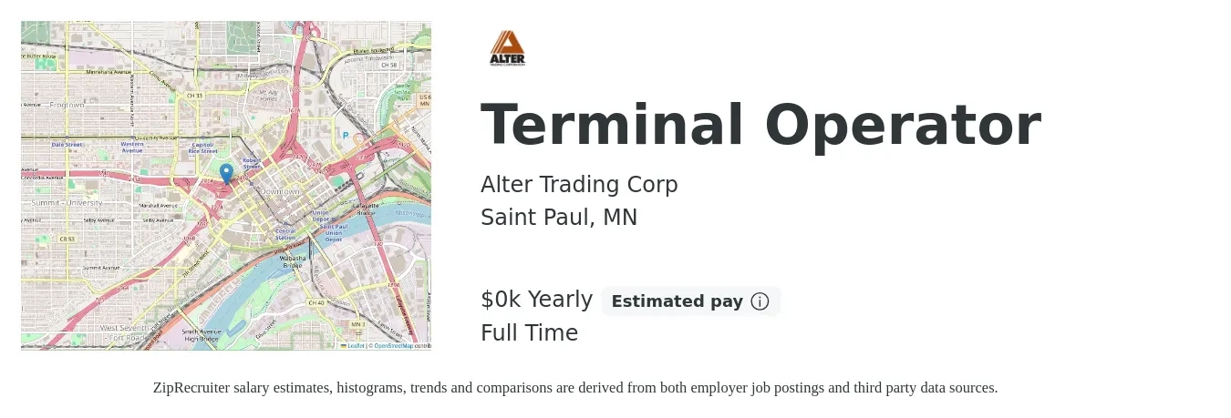 Alter Trading Corp job posting for a Terminal Operator in Saint Paul, MN with a salary of $22 to $24 Yearly with a map of Saint Paul location.
