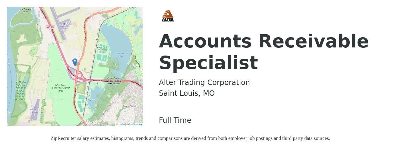 Alter Trading Corp job posting for a Accounts Receivable Specialist in Saint Louis, MO with a salary of $19 to $25 Hourly with a map of Saint Louis location.