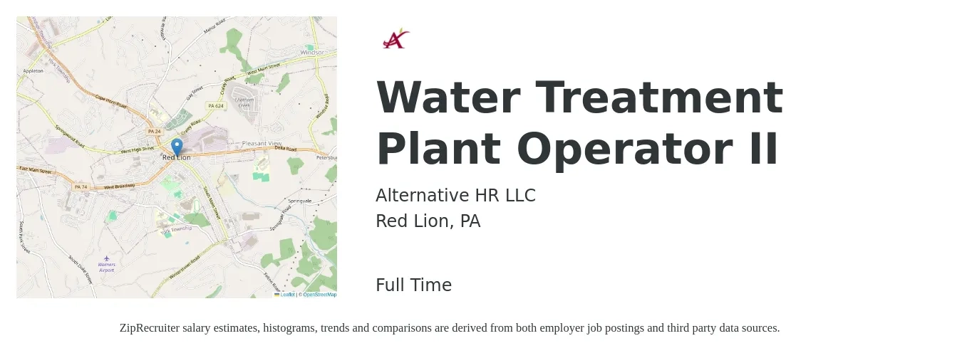 Alternative HR LLC job posting for a Water Treatment Plant Operator II in Red Lion, PA with a salary of $42,700 to $64,000 Yearly with a map of Red Lion location.