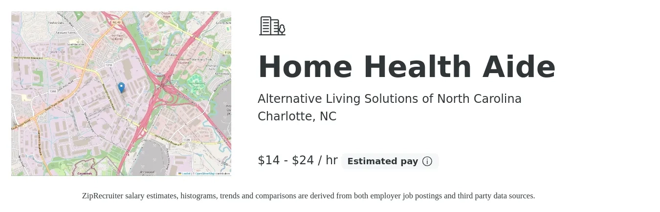 Alternative Living Solutions of North Carolina job posting for a Home Health Aide in Charlotte, NC with a salary of $15 to $25 Hourly with a map of Charlotte location.