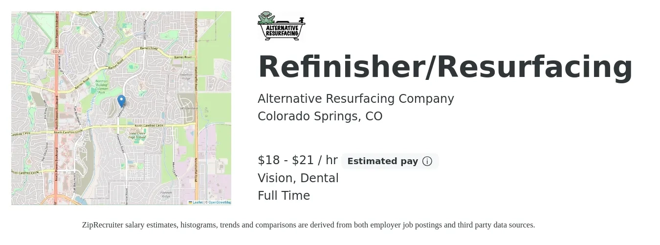 Alternative Resurfacing Company job posting for a Refinisher/Resurfacing in Colorado Springs, CO with a salary of $19 to $22 Hourly and benefits including dental, life_insurance, and vision with a map of Colorado Springs location.