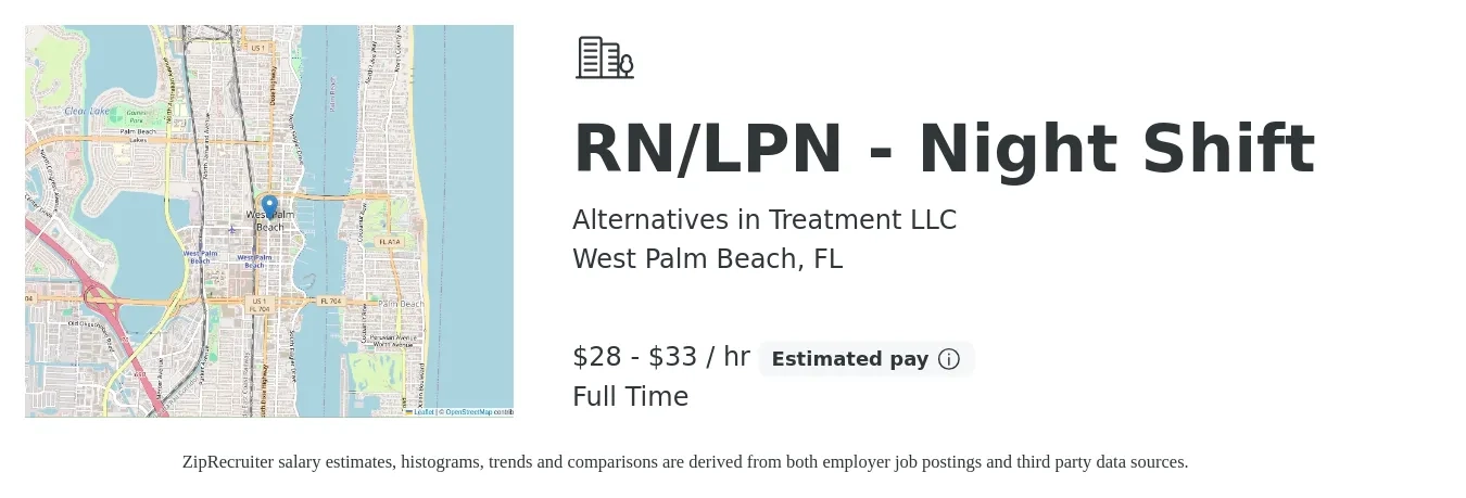 Alternatives in Treatment LLC job posting for a RN/LPN - Night Shift in West Palm Beach, FL with a salary of $30 to $35 Hourly with a map of West Palm Beach location.