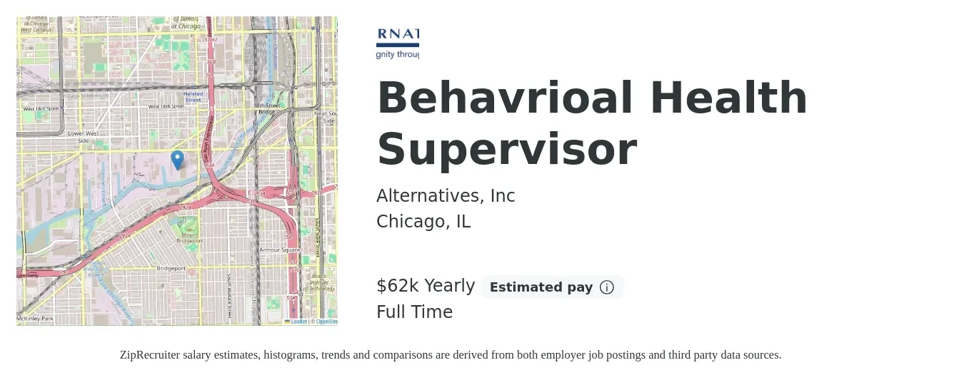 Alternatives, Inc. job posting for a Behavrioal Health Supervisor in Chicago, IL with a salary of $62,920 Yearly with a map of Chicago location.