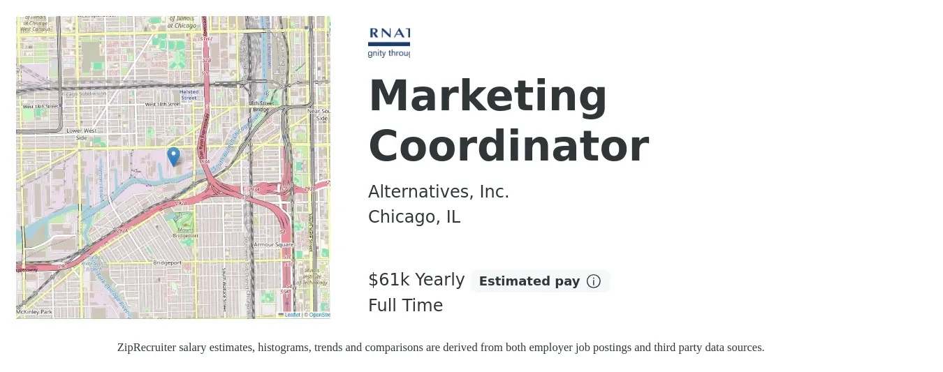 Alternatives, Inc job posting for a Marketing Coordinator in Chicago, IL with a salary of $61,880 Yearly with a map of Chicago location.