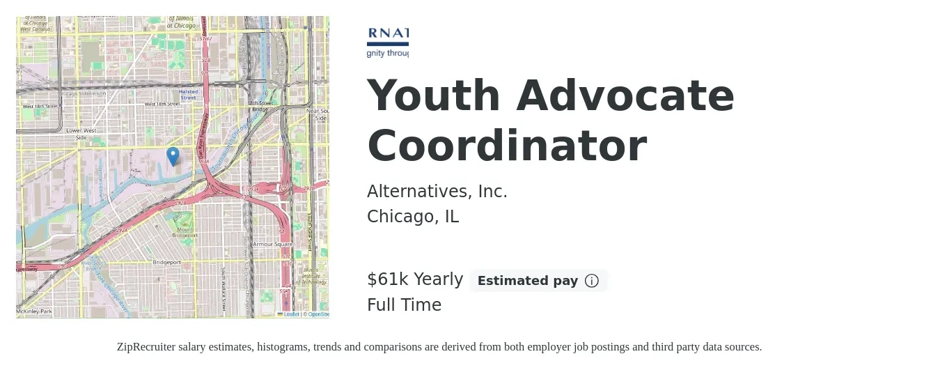 Alternatives, Inc. job posting for a Youth Advocate Coordinator in Chicago, IL with a salary of $61,880 Yearly with a map of Chicago location.