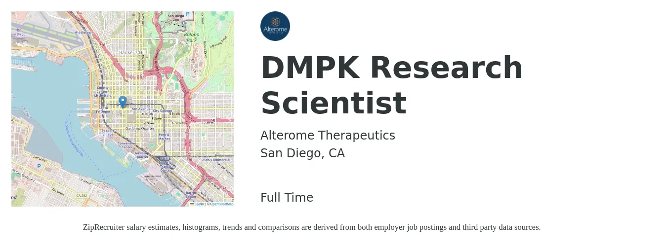 Alterome Therapeutics job posting for a DMPK Research Scientist in San Diego, CA with a salary of $110,000 to $150,000 Yearly with a map of San Diego location.