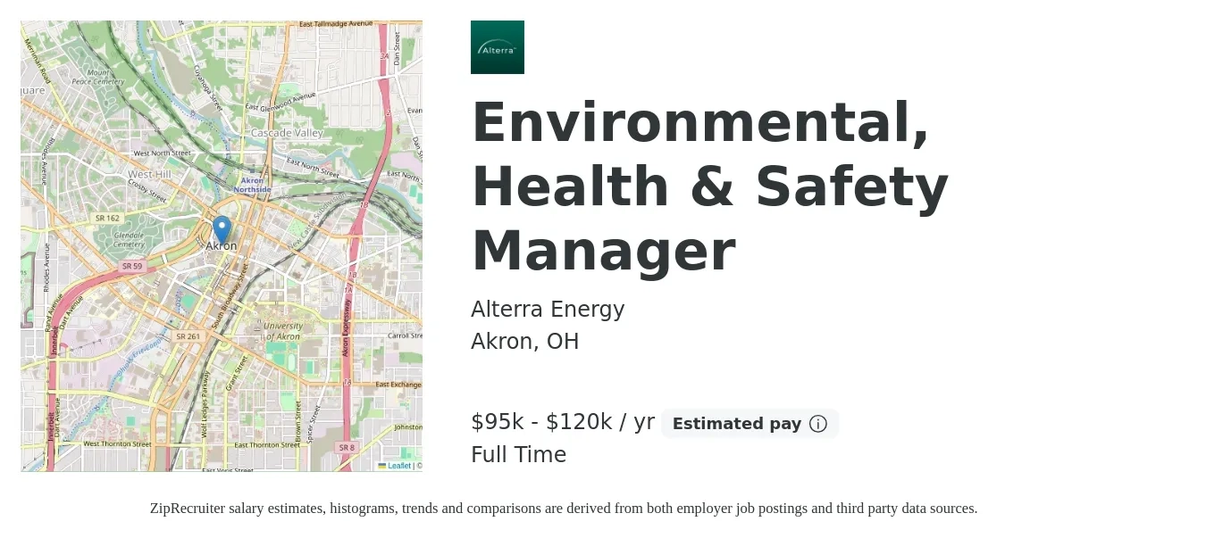 Alterra Energy job posting for a Environmental, Health & Safety Manager in Akron, OH with a salary of $95,000 to $120,000 Yearly with a map of Akron location.