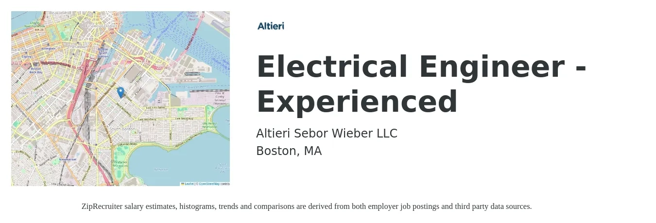 Altieri Sebor Wieber LLC job posting for a Electrical Engineer - Experienced in Boston, MA with a salary of $90,200 to $143,400 Yearly and benefits including dental, life_insurance, medical, pto, retirement, and vision with a map of Boston location.