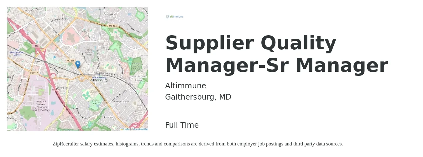 Altimmune job posting for a Supplier Quality Manager-Sr Manager in Gaithersburg, MD with a salary of $76,200 to $118,800 Yearly with a map of Gaithersburg location.