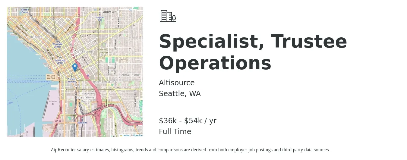 Altisource job posting for a Specialist, Trustee Operations in Seattle, WA with a salary of $36,300 to $54,442 Yearly with a map of Seattle location.