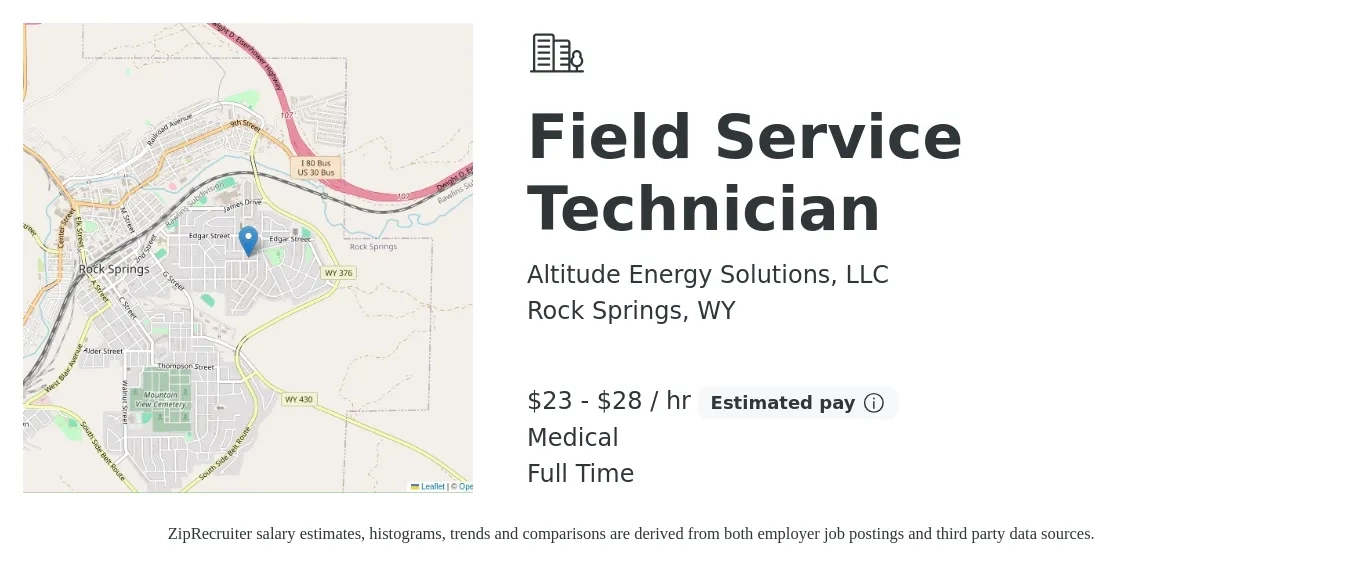 Altitude Energy Solutions, LLC job posting for a Field Service Technician in Rock Springs, WY with a salary of $24 to $30 Hourly and benefits including medical with a map of Rock Springs location.