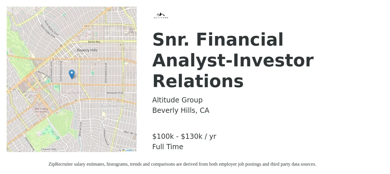 Altitude Group job posting for a Snr. Financial Analyst-Investor Relations in Beverly Hills, CA with a salary of $100,000 to $130,000 Yearly with a map of Beverly Hills location.