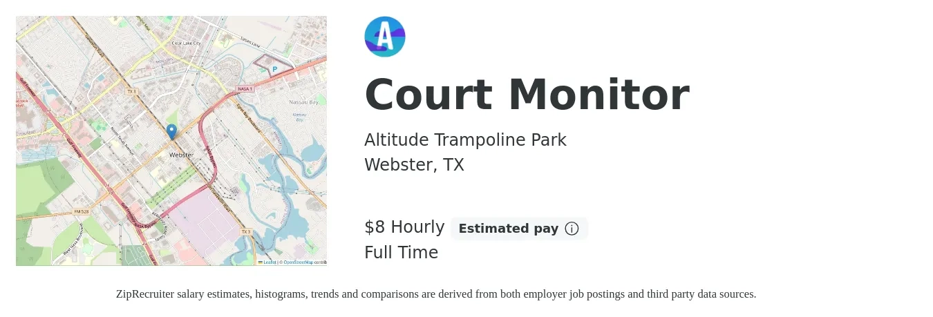 Altitude Trampoline Park job posting for a Court Monitor in Webster, TX with a salary of $9 Hourly with a map of Webster location.