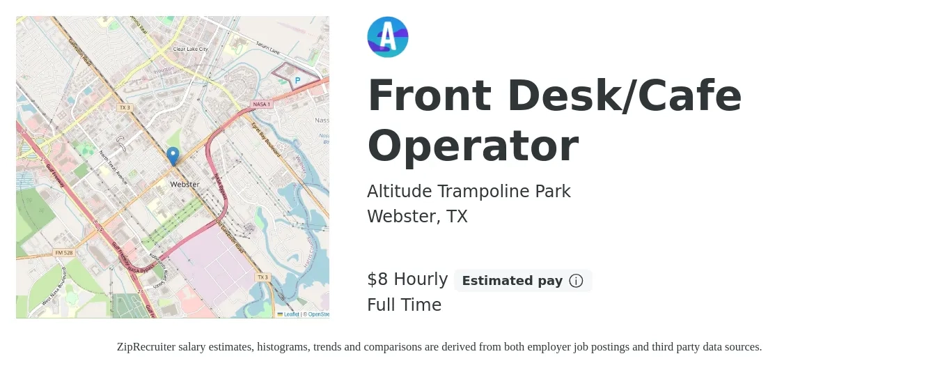 Altitude Trampoline Park job posting for a Front Desk/Cafe Operator in Webster, TX with a salary of $9 Hourly with a map of Webster location.