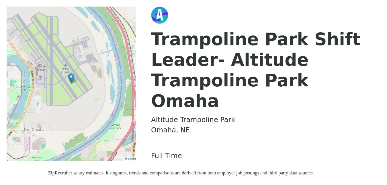 Altitude Trampoline Park job posting for a Trampoline Park Shift Leader- Altitude Trampoline Park Omaha in Omaha, NE with a salary of $14 to $21 Hourly with a map of Omaha location.