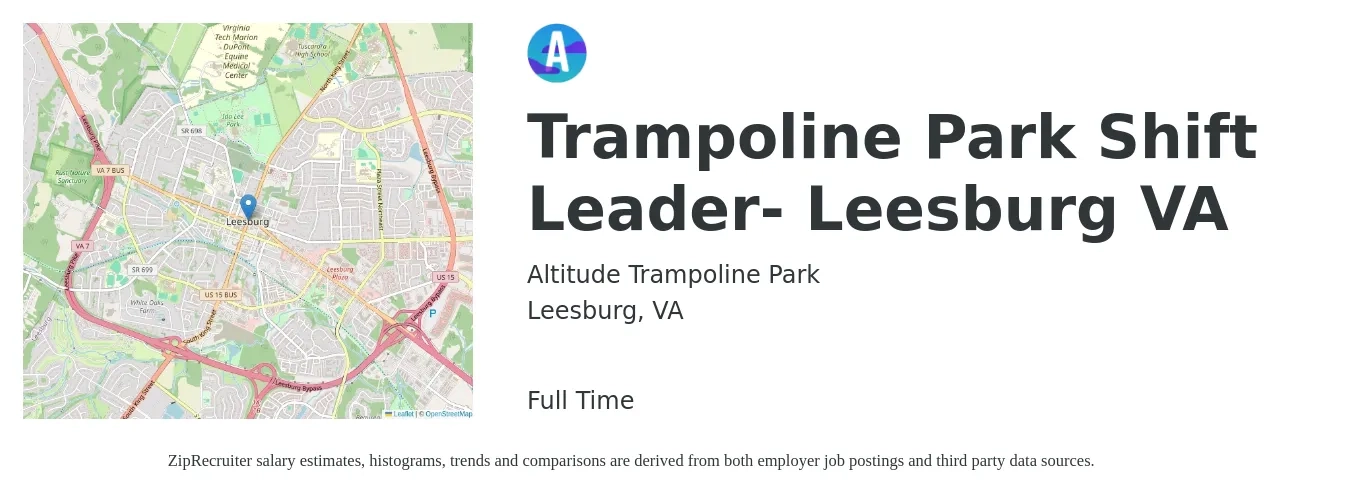 Altitude Trampoline Park job posting for a Trampoline Park Shift Leader- Leesburg VA in Leesburg, VA with a salary of $17 to $26 Hourly with a map of Leesburg location.