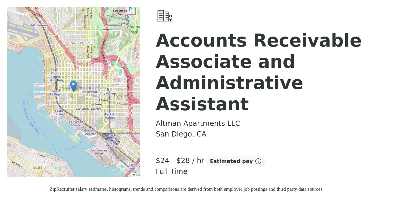 Altman Apartments LLC job posting for a Accounts Receivable Associate and Administrative Assistant in San Diego, CA with a salary of $25 to $30 Hourly with a map of San Diego location.