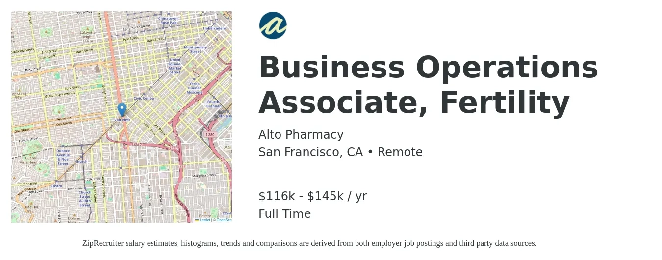 Alto Pharmacy job posting for a Business Operations Associate, Fertility in San Francisco, CA with a salary of $116,000 to $145,000 Yearly with a map of San Francisco location.