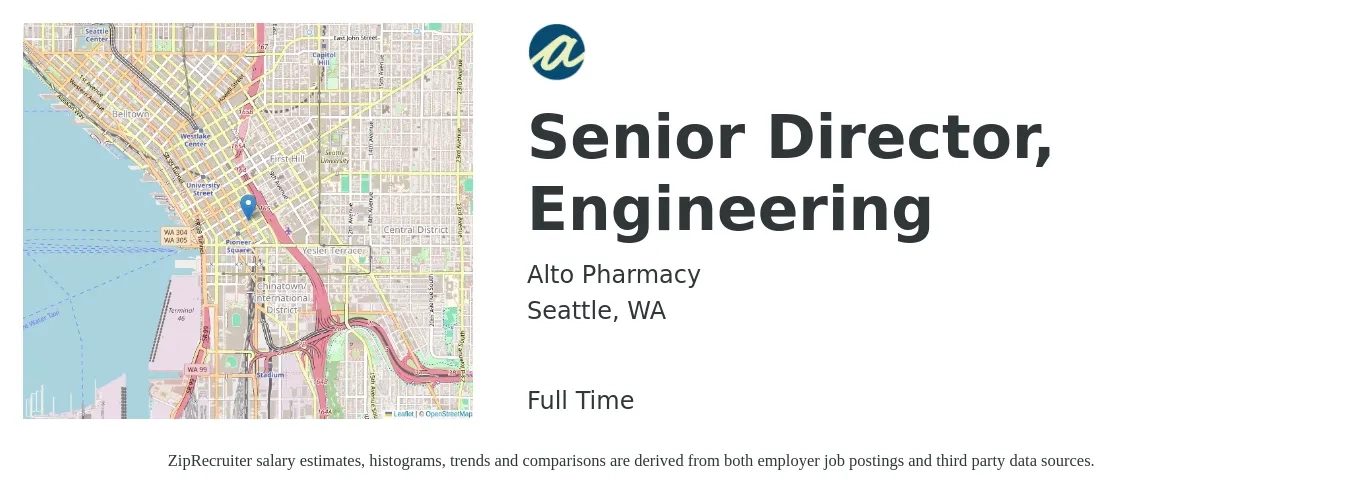 Alto Pharmacy job posting for a Senior Director, Engineering in Seattle, WA with a salary of $161,000 to $287,900 Yearly with a map of Seattle location.
