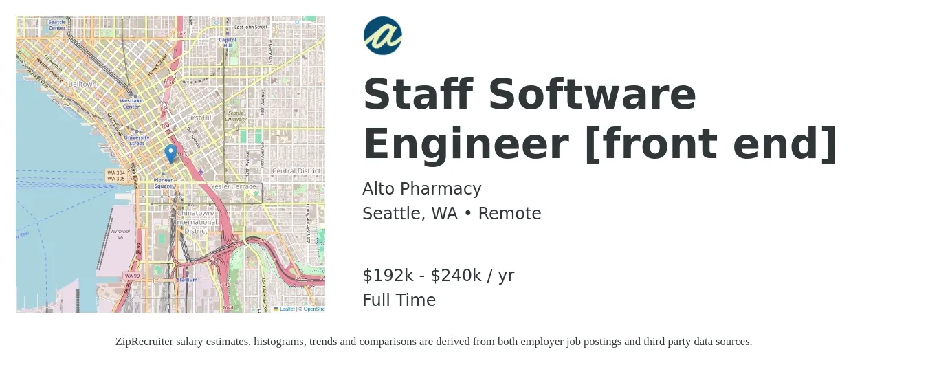 Alto Pharmacy job posting for a Staff Software Engineer [front end] in Seattle, WA with a salary of $192,000 to $240,000 Yearly with a map of Seattle location.
