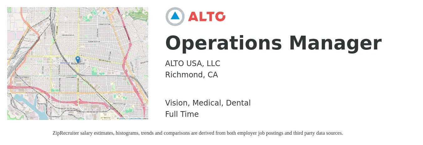 ALTO USA, LLC job posting for a Operations Manager in Richmond, CA with a salary of $47,100 to $88,900 Yearly and benefits including life_insurance, medical, pto, retirement, vision, and dental with a map of Richmond location.