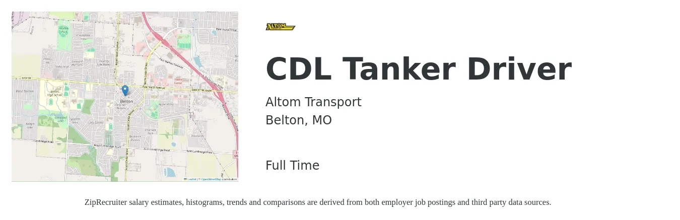 Altom Transport job posting for a CDL Tanker Driver in Belton, MO with a salary of $22 to $38 Hourly with a map of Belton location.
