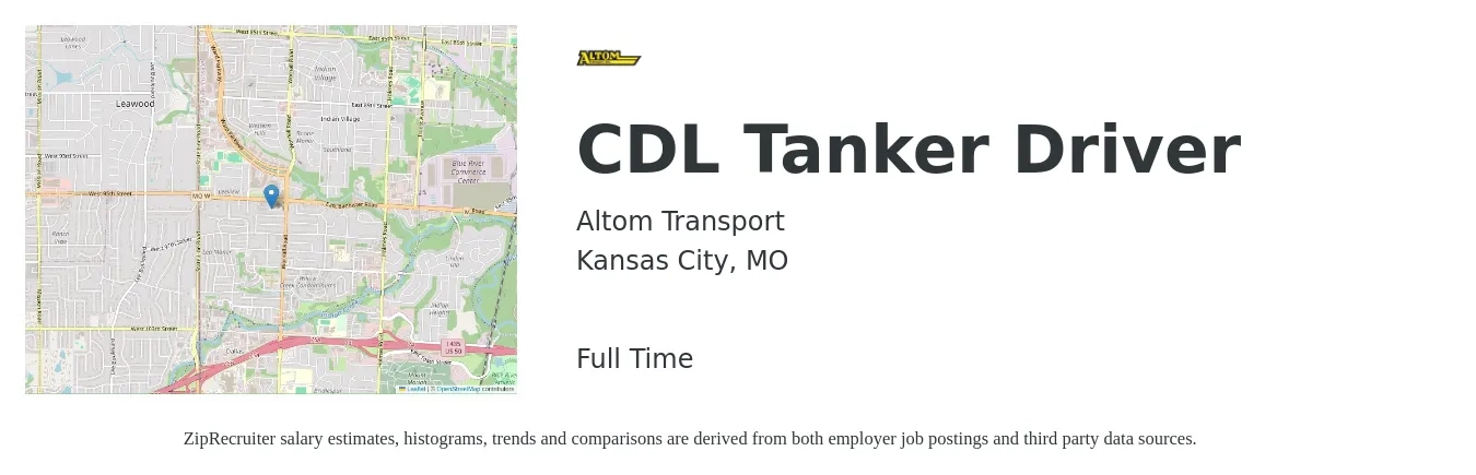 Altom Transport job posting for a CDL Tanker Driver in Kansas City, MO with a salary of $24 to $42 Hourly with a map of Kansas City location.