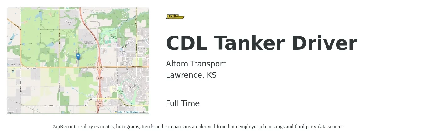 Altom Transport job posting for a CDL Tanker Driver in Lawrence, KS with a salary of $24 to $40 Hourly with a map of Lawrence location.