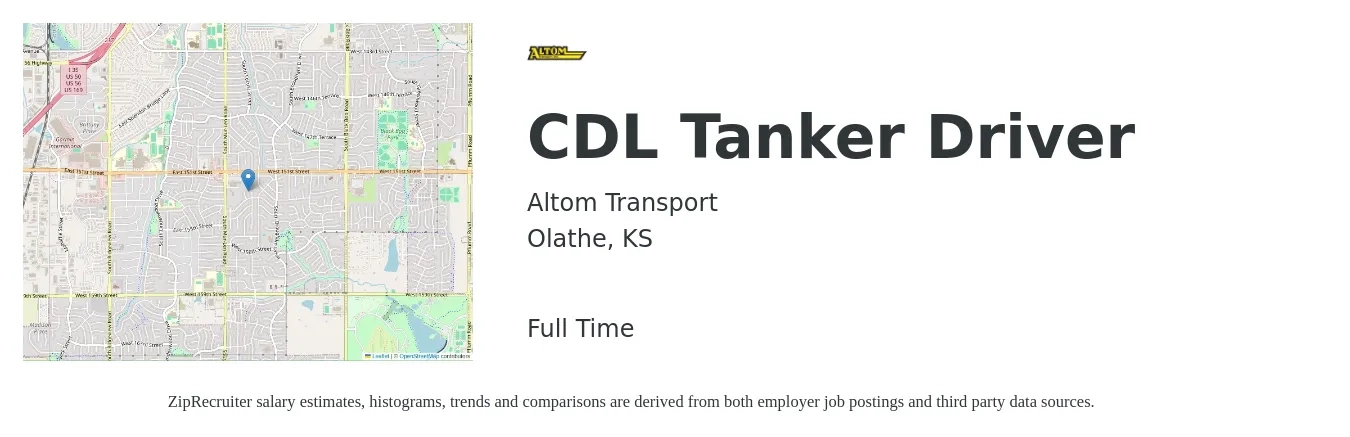 Altom Transport job posting for a CDL Tanker Driver in Olathe, KS with a salary of $24 to $42 Hourly with a map of Olathe location.