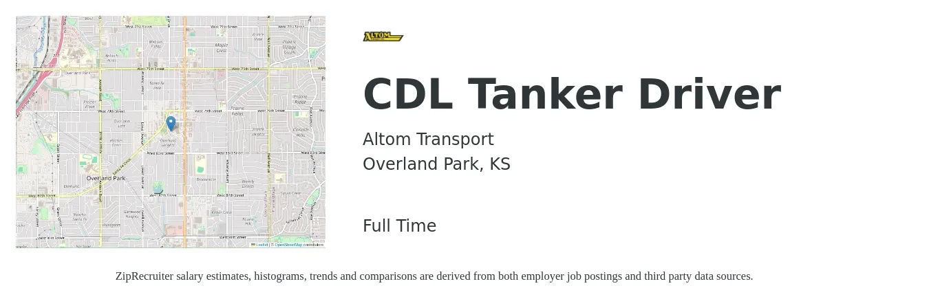 Altom Transport job posting for a CDL Tanker Driver in Overland Park, KS with a salary of $25 to $42 Hourly with a map of Overland Park location.