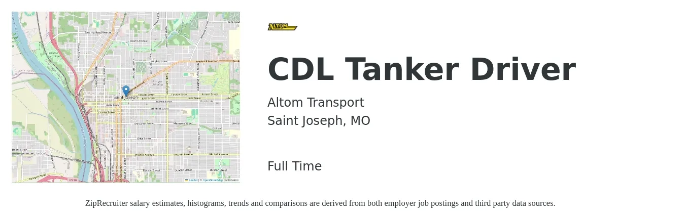 Altom Transport job posting for a CDL Tanker Driver in Saint Joseph, MO with a salary of $24 to $42 Hourly with a map of Saint Joseph location.