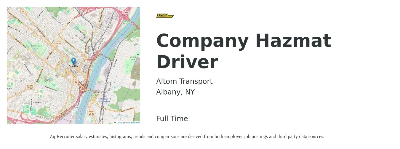Altom Transport job posting for a Company Hazmat Driver in Albany, NY with a salary of $25 to $31 Hourly with a map of Albany location.