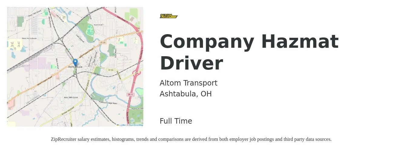 Altom Transport job posting for a Company Hazmat Driver in Ashtabula, OH with a salary of $23 to $28 Hourly with a map of Ashtabula location.
