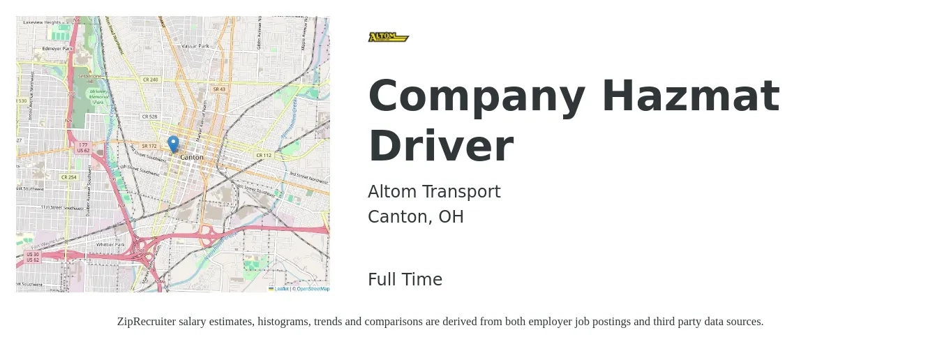 Altom Transport job posting for a Company Hazmat Driver in Canton, OH with a salary of $24 to $29 Hourly with a map of Canton location.