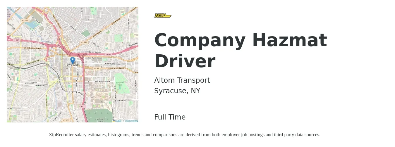 Altom Transport job posting for a Company Hazmat Driver in Syracuse, NY with a salary of $25 to $31 Hourly with a map of Syracuse location.