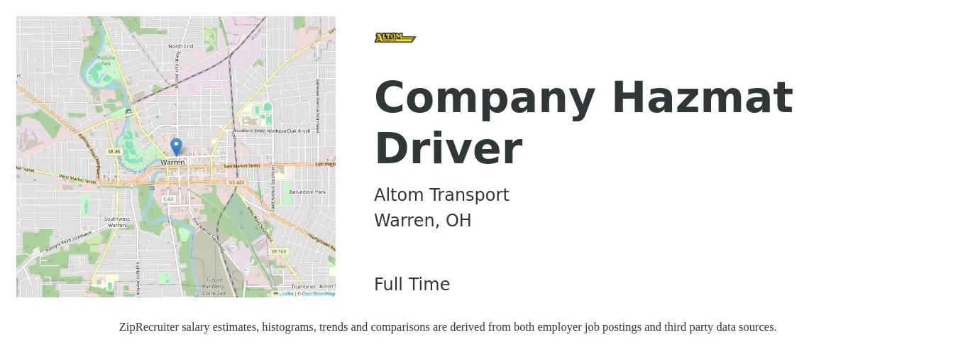 Altom Transport job posting for a Company Hazmat Driver in Warren, OH with a salary of $22 to $27 Hourly with a map of Warren location.