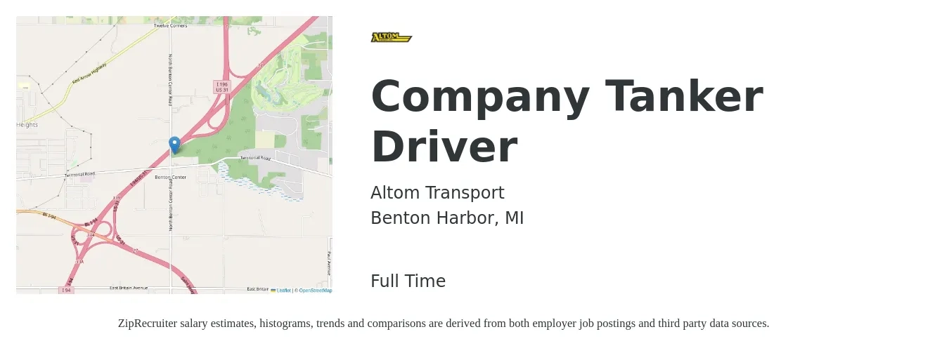 Altom Transport job posting for a Company Tanker Driver in Benton Harbor, MI with a map of Benton Harbor location.