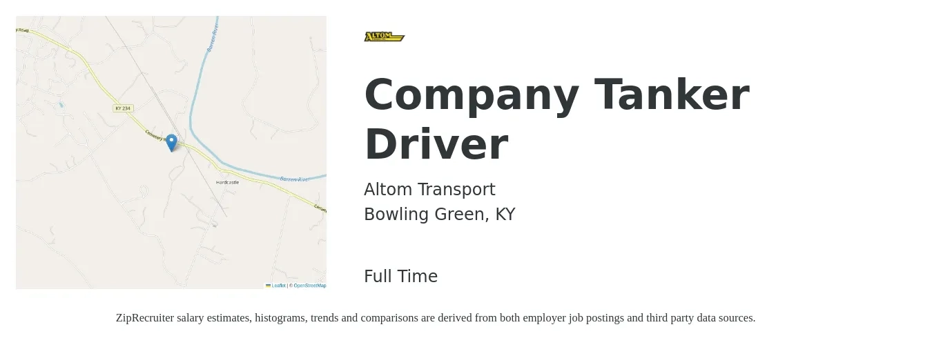 Altom Transport job posting for a Company Tanker Driver in Bowling Green, KY with a map of Bowling Green location.