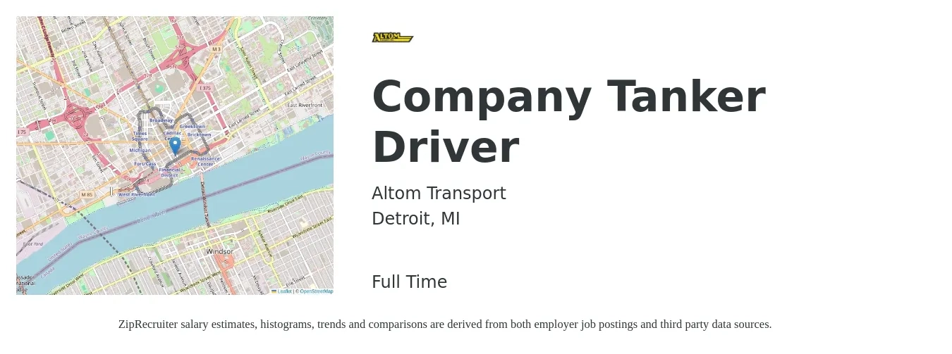 Altom Transport job posting for a Company Tanker Driver in Detroit, MI with a map of Detroit location.