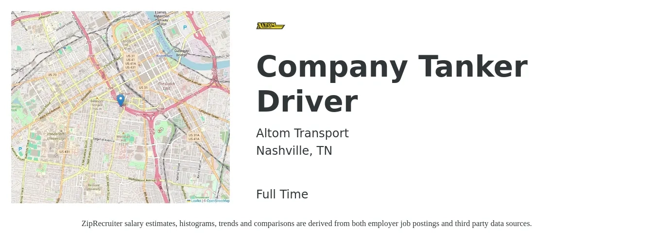 Altom Transport job posting for a Company Tanker Driver in Nashville, TN with a map of Nashville location.