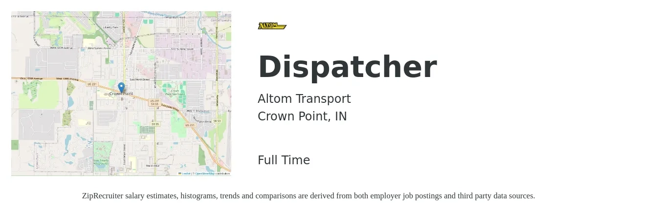 Altom Transport job posting for a Dispatcher in Crown Point, IN with a salary of $17 to $24 Hourly with a map of Crown Point location.