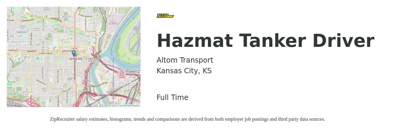 Altom Transport job posting for a Hazmat Tanker Driver in Kansas City, KS with a salary of $30 to $61 Hourly with a map of Kansas City location.
