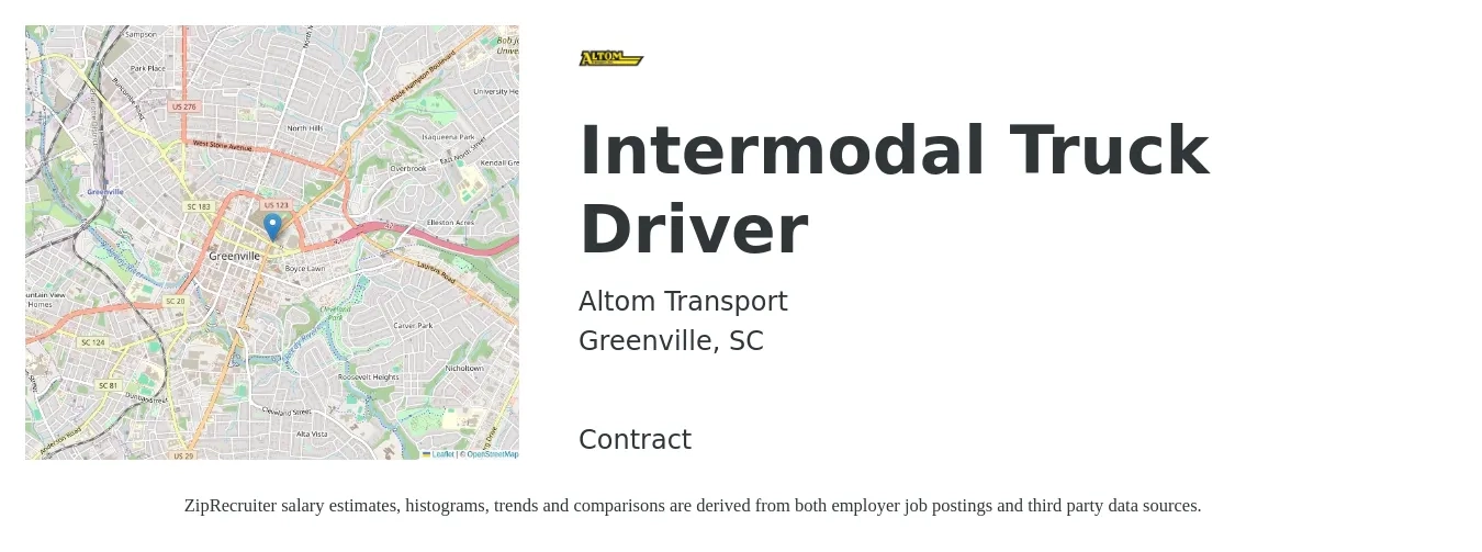 Altom Transport job posting for a Intermodal Truck Driver in Greenville, SC with a salary of $1,180 to $1,520 Weekly with a map of Greenville location.