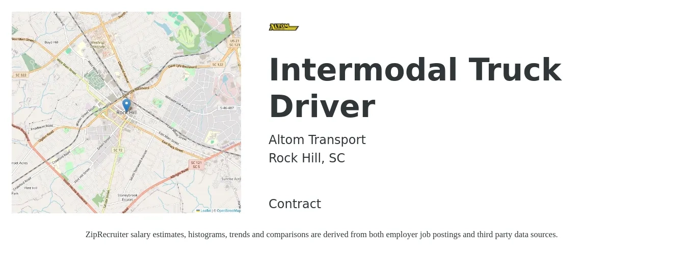 Altom Transport job posting for a Intermodal Truck Driver in Rock Hill, SC with a salary of $1,050 to $1,340 Weekly with a map of Rock Hill location.
