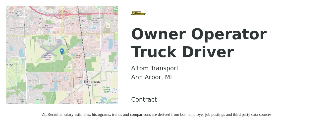 Altom Transport job posting for a Owner Operator Truck Driver in Ann Arbor, MI with a salary of $2,450 to $6,650 Weekly with a map of Ann Arbor location.