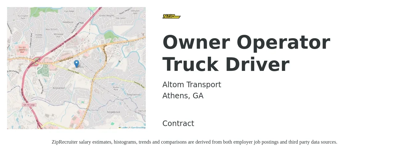 Altom Transport job posting for a Owner Operator Truck Driver in Athens, GA with a salary of $2,410 to $6,570 Weekly with a map of Athens location.