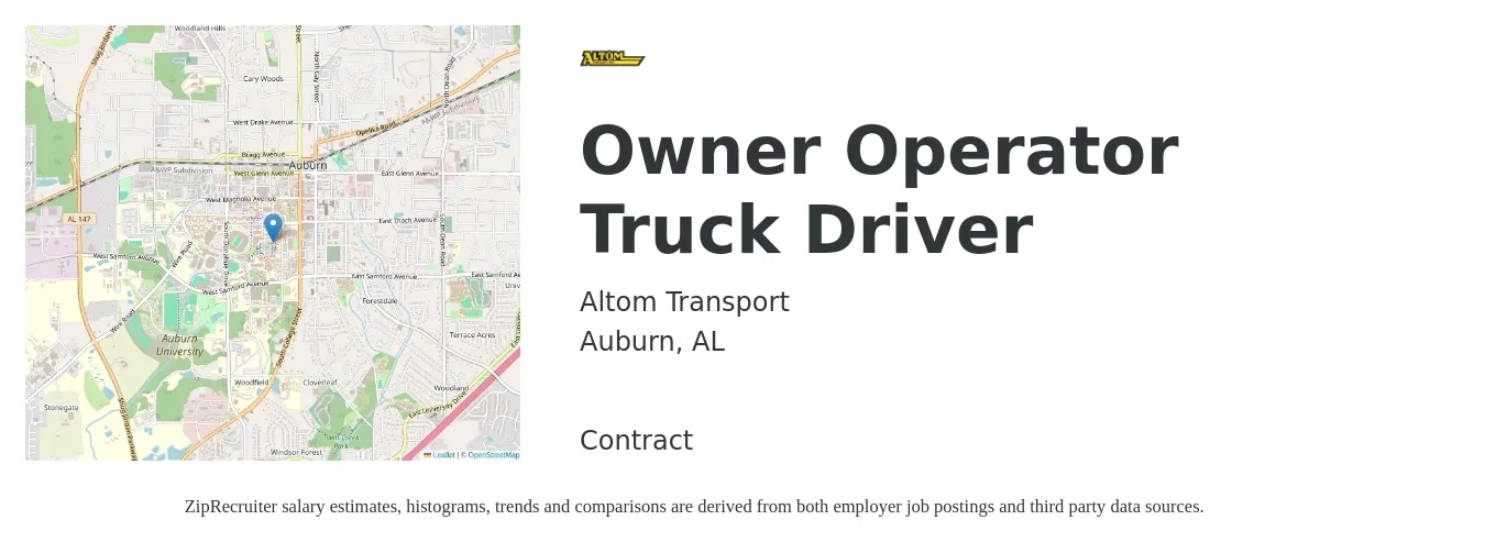 Altom Transport job posting for a Owner Operator Truck Driver in Auburn, AL with a salary of $2,090 to $5,680 Weekly with a map of Auburn location.
