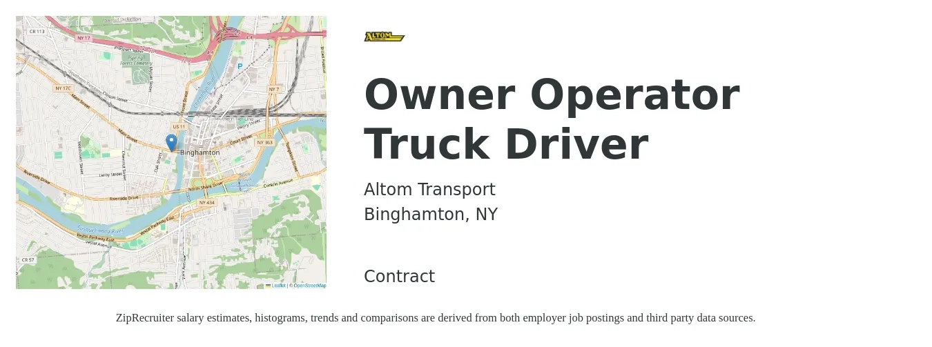Altom Transport job posting for a Owner Operator Truck Driver in Binghamton, NY with a salary of $2,390 to $6,510 Weekly with a map of Binghamton location.
